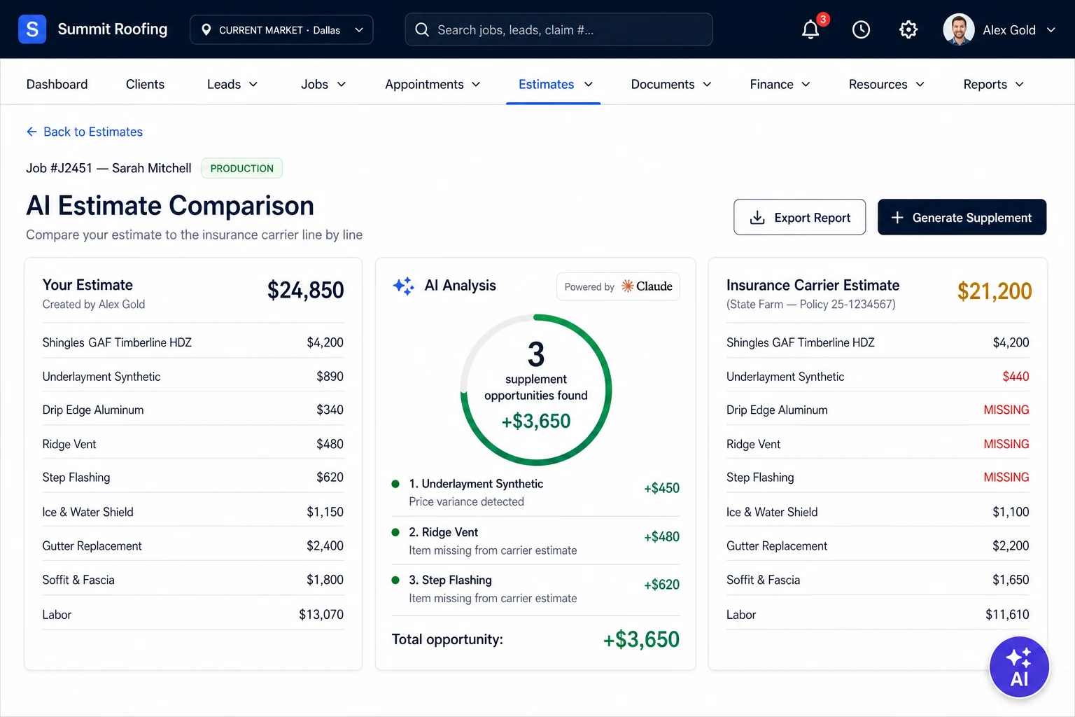 Skallix AI estimate comparison: your estimate vs carrier estimate with 3 supplement opportunities highlighted by Claude