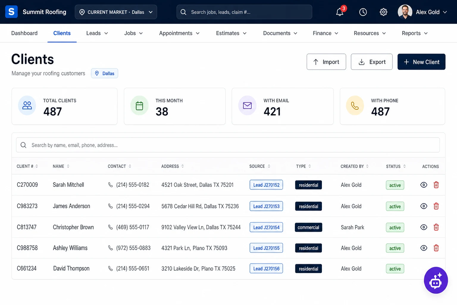Skallix clients page with KPI cards, search and a table of client records