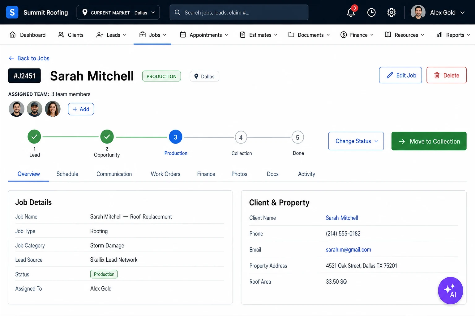 Skallix job detail page: 5-stage production progression, assigned team, job details, and client & property data