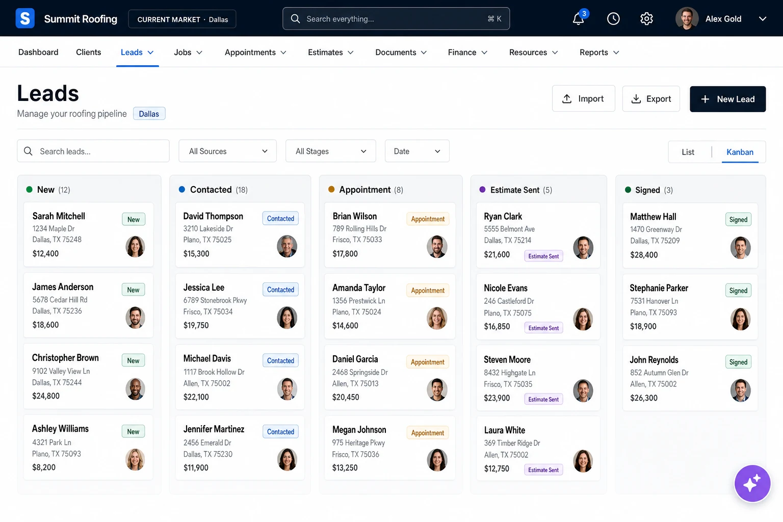 Skallix CRM lead pipeline showing leads in New, Contacted, Appointment, Estimate Sent and Signed columns